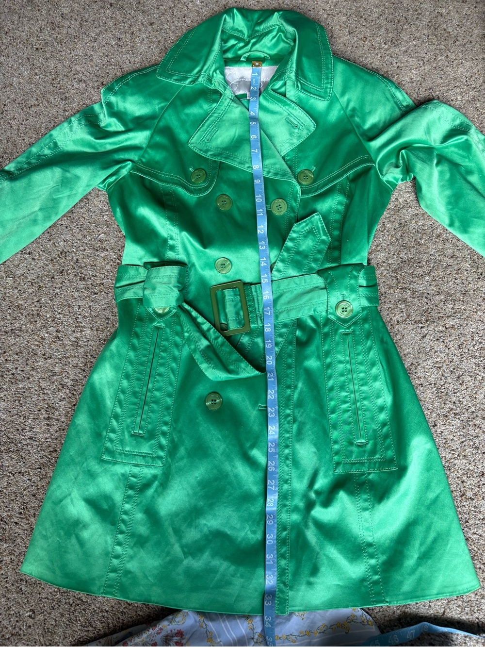 Jessica Simpson Green Satin Double-Breasted Trench Coat with Belt - Picture 9 of 15